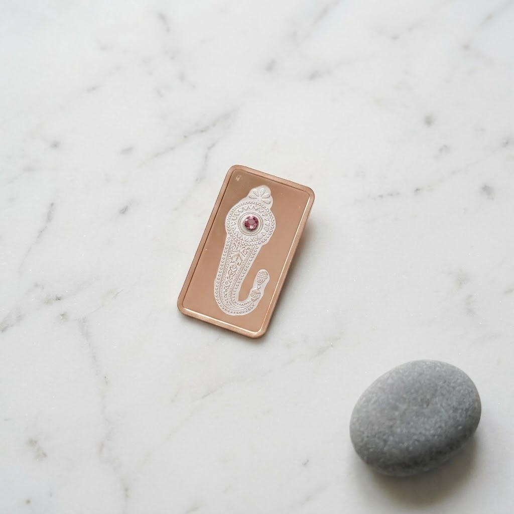 Lakshmi Charan Rose Gold Silver Bar – Divine Footprint with Pink Gemstone in Miniature Art Gift Box
