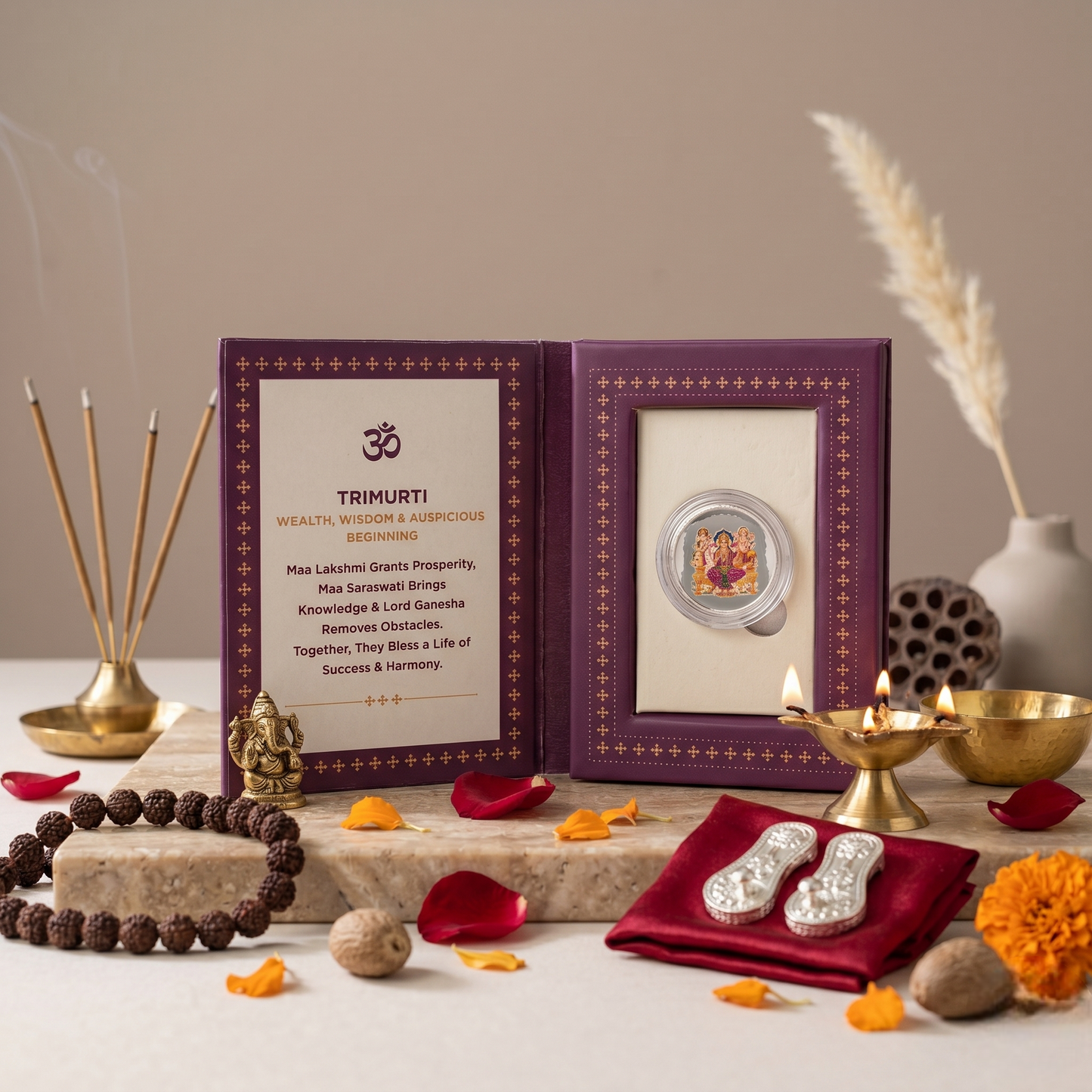 Trimurti Colour Silver Coin – Wealth, Wisdom & Auspicious Beginning | Lakshmi, Saraswati & Ganesha | Deep Purple Shubh Labh Gift Box