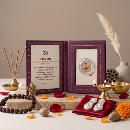 Trimurti Colour Silver Coin – Wealth, Wisdom & Auspicious Beginning | Lakshmi, Saraswati & Ganesha | Deep Purple Shubh Labh Gift Box