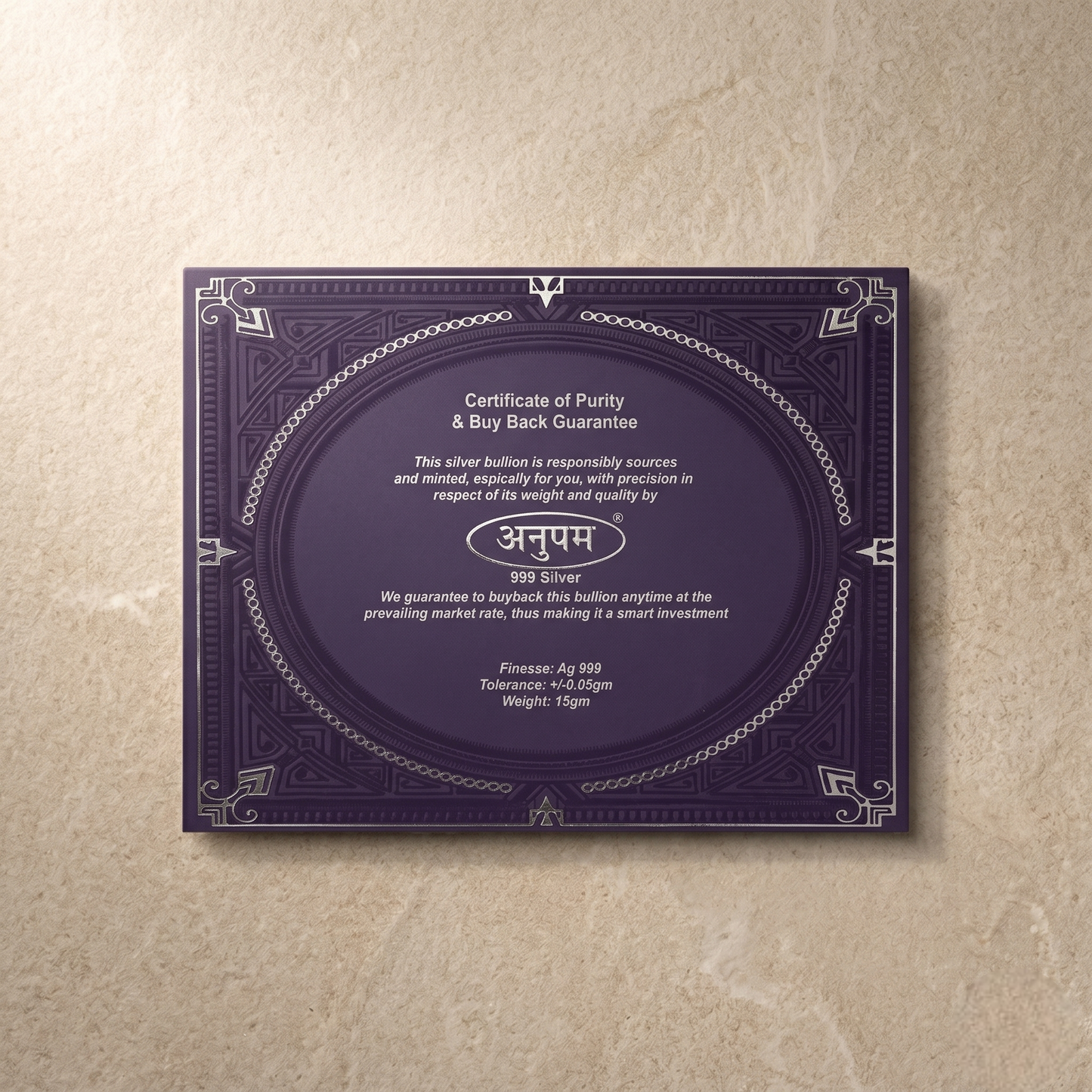 Anupam 999 Pure Silver Bar – 15gm Timeless Elegance Gift Set with Purity Certificate