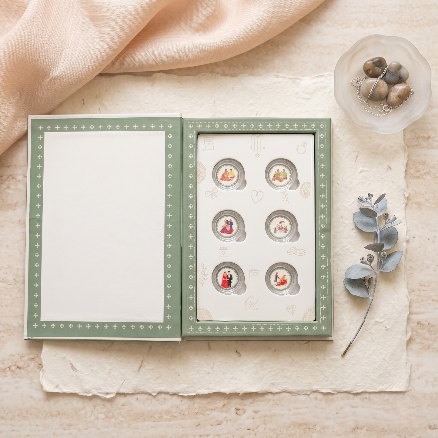 Shubh Vivah Wedding Silver Coin Set – 6 Pure Silver Coins of Indian Wedding Rituals in Sage Green Gift Box