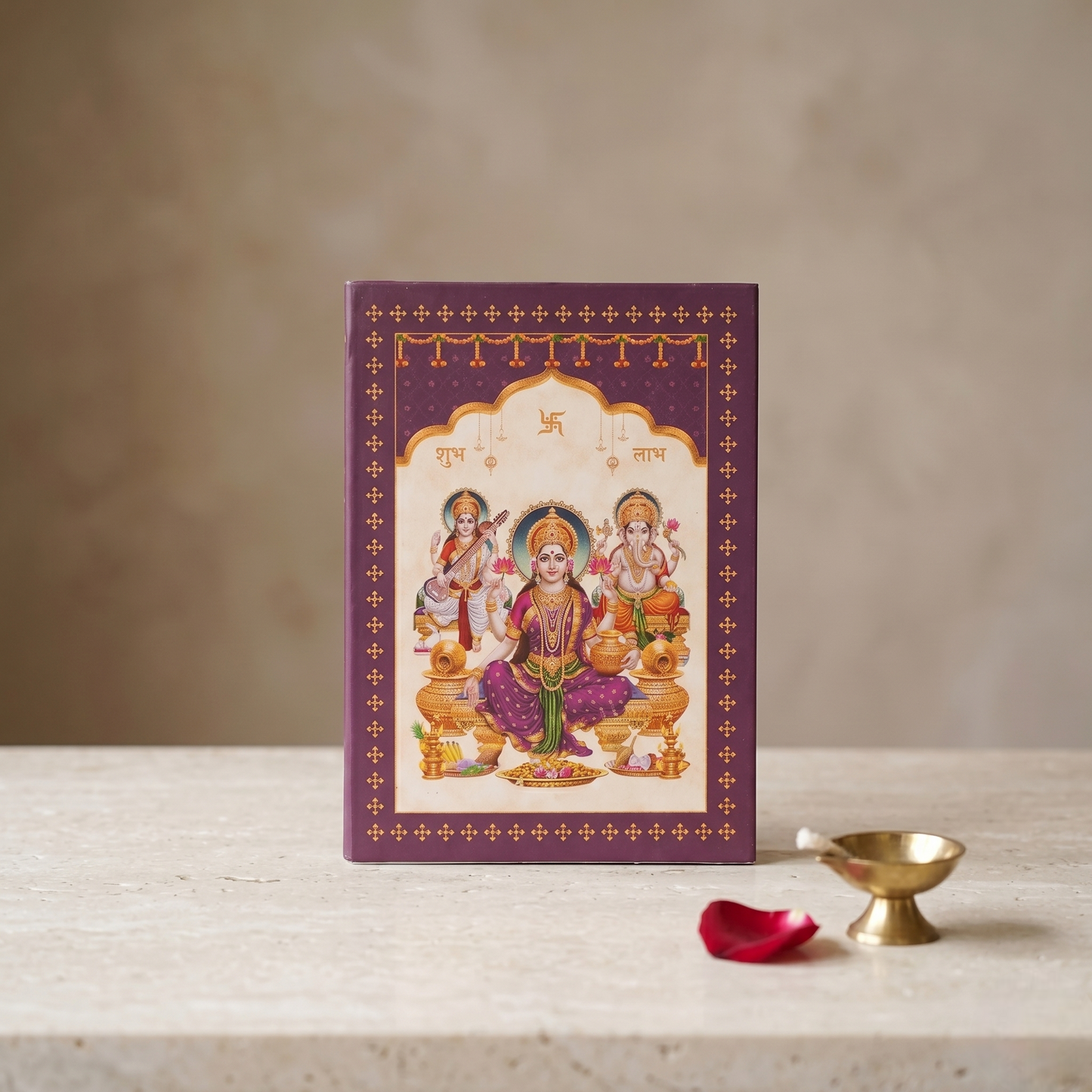 Trimurti Colour Silver Coin – Wealth, Wisdom & Auspicious Beginning | Lakshmi, Saraswati & Ganesha | Deep Purple Shubh Labh Gift Box
