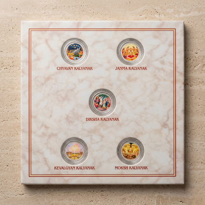 Panch Kalyanak Silver Coin Set – 5 Divine Milestones in a Tirthankara's Life | Jain Premium Gift Box