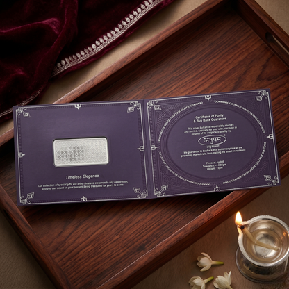 Anupam 999 Pure Silver Bar – 15gm Timeless Elegance Gift Set with Purity Certificate