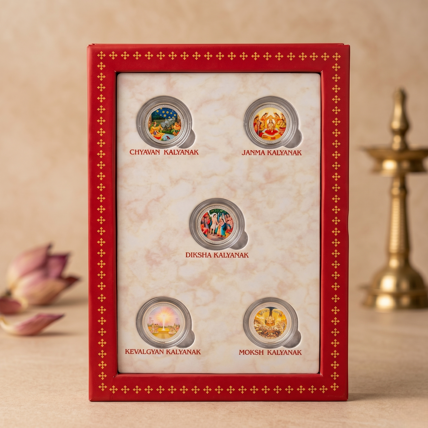 Panch Kalyanak Silver Coin Set – 5 Divine Milestones in a Tirthankara's Life | Jain Premium Gift Box