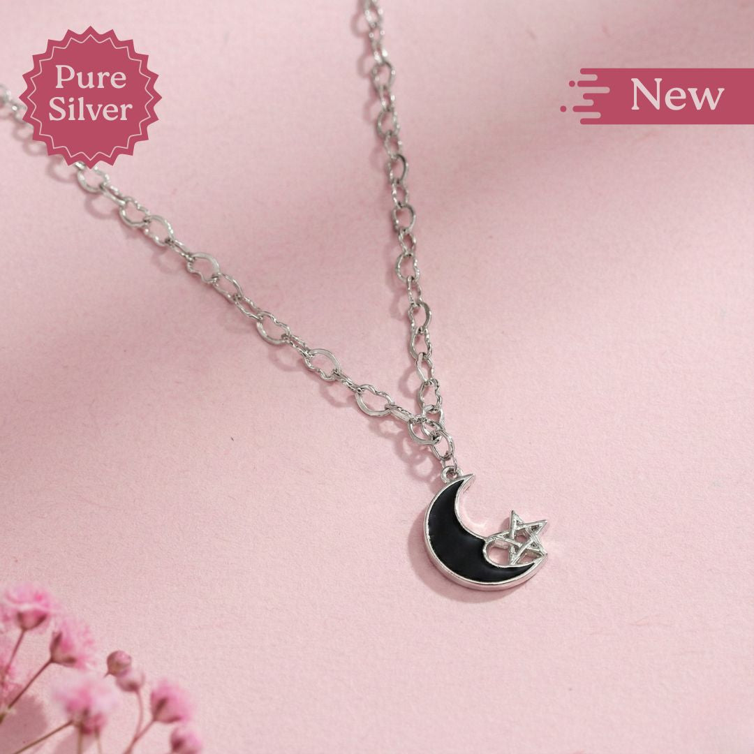 Pure Silver Crescent Moon and Star Necklace