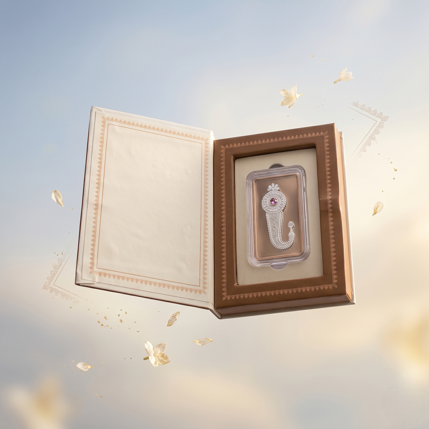 Lakshmi Charan Rose Gold Silver Bar – Divine Footprint with Pink Gemstone in Miniature Art Gift Box