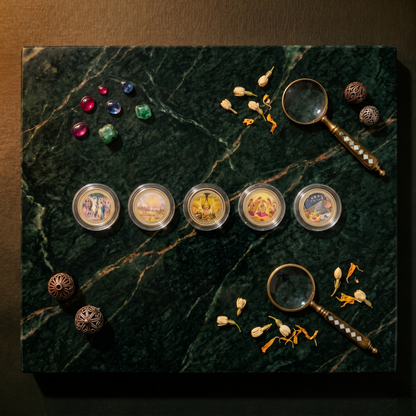 Panch Kalyanak Silver Coin Set – 5 Divine Milestones in a Tirthankara's Life | Jain Premium Gift Box