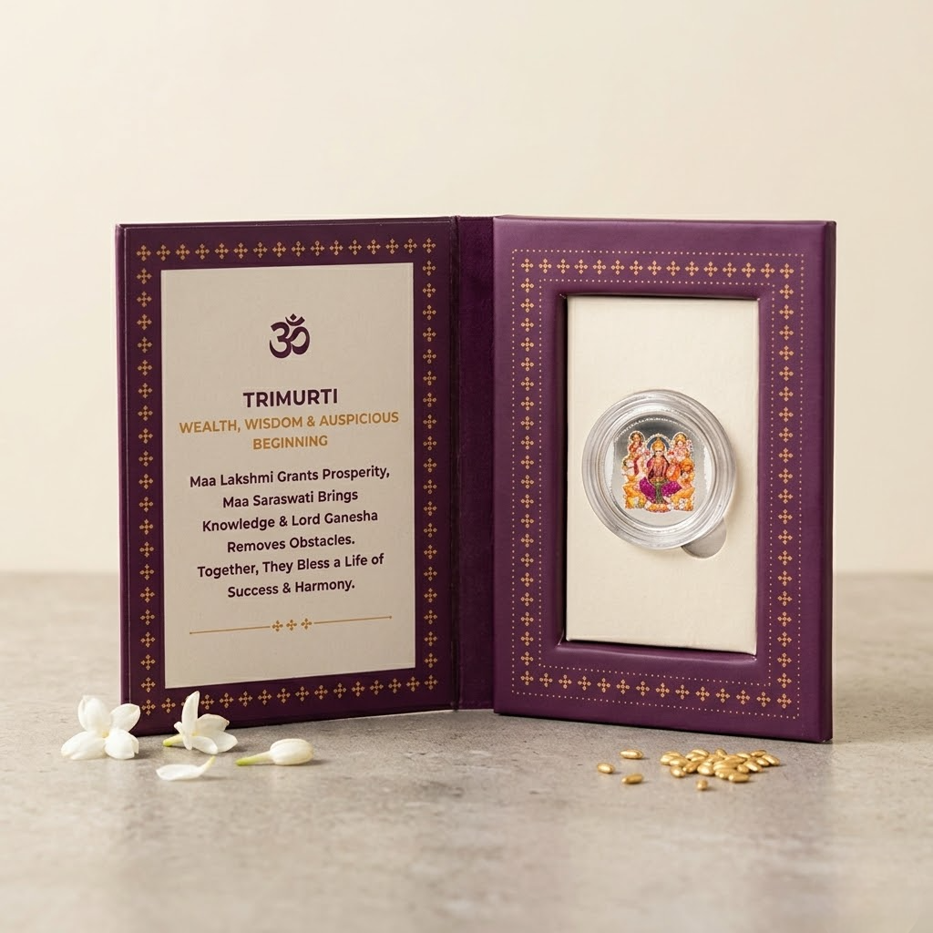 Trimurti Colour Silver Coin – Wealth, Wisdom & Auspicious Beginning | Lakshmi, Saraswati & Ganesha | Deep Purple Shubh Labh Gift Box