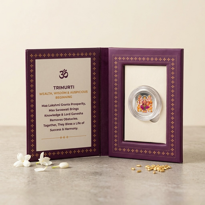 Trimurti Colour Silver Coin – Wealth, Wisdom & Auspicious Beginning | Lakshmi, Saraswati & Ganesha | Deep Purple Shubh Labh Gift Box