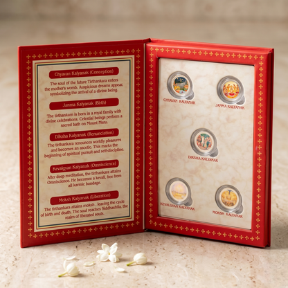 Panch Kalyanak Silver Coin Set – 5 Divine Milestones in a Tirthankara's Life | Jain Premium Gift Box