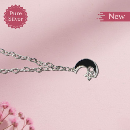 Pure Silver Crescent Moon and Star Necklace