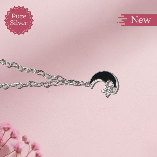Pure Silver Crescent Moon and Star Necklace