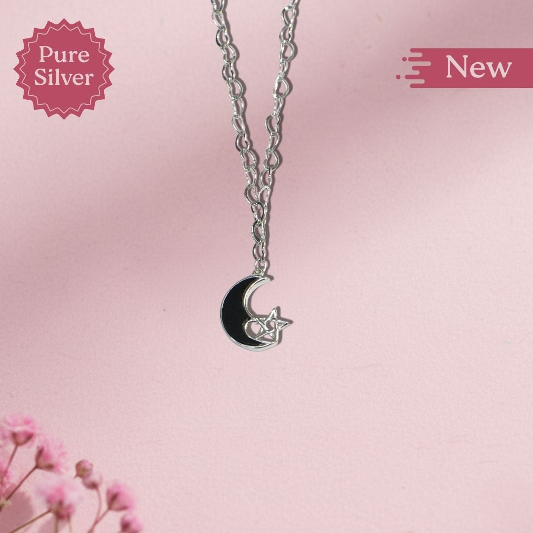 Pure Silver Crescent Moon and Star Necklace