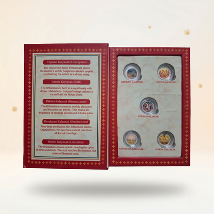 Panch Kalyanak Silver Coin Set – 5 Divine Milestones in a Tirthankara's Life | Jain Premium Gift Box