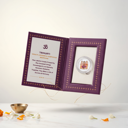Trimurti Colour Silver Coin – Wealth, Wisdom & Auspicious Beginning | Lakshmi, Saraswati & Ganesha | Deep Purple Shubh Labh Gift Box
