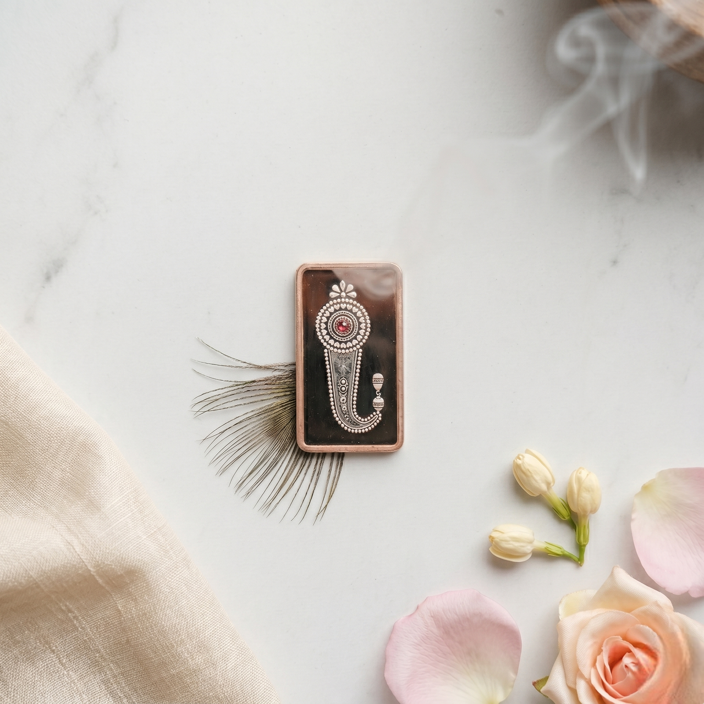 Lakshmi Charan Rose Gold Silver Bar – Divine Footprint with Pink Gemstone in Miniature Art Gift Box